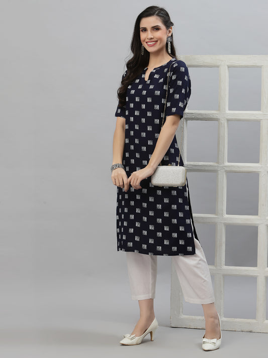 Women Blue & White Viscose Printed Kurta - Kashyap Global Lifestyles LLP