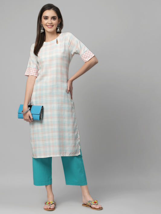 Women Pastel Checked Keyhole Neck Straight Kurta - Kashyap Global Lifestyles LLP
