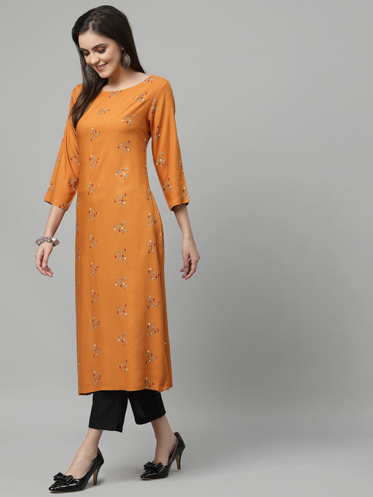 Women Orange Boat Neck Kurta - Kashyap Global Lifestyles LLP