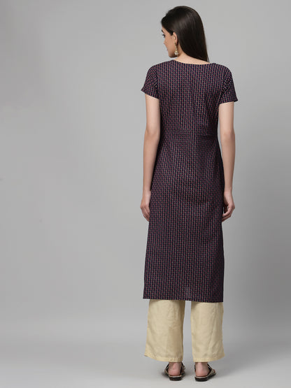 Women Navy Printed Front Slit Cotton Kurta - Kashyap Global Lifestyles LLP