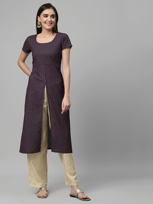 Women Navy Printed Front Slit Cotton Kurta - Kashyap Global Lifestyles LLP
