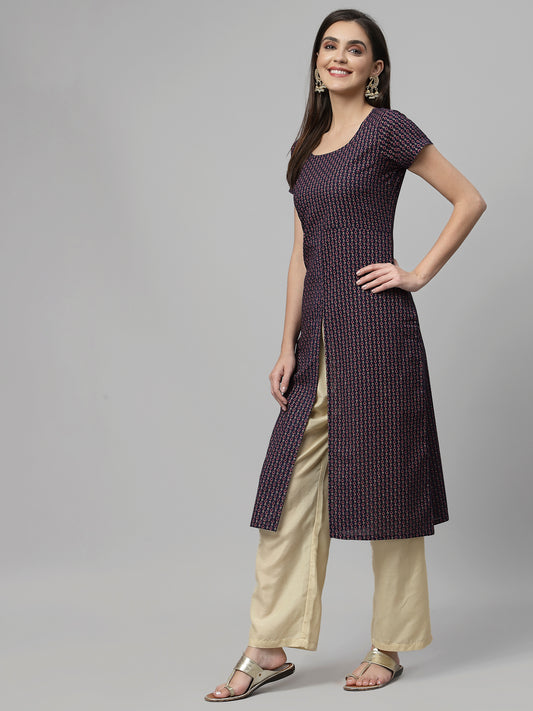 Women Navy Printed Front Slit Cotton Kurta - Kashyap Global Lifestyles LLP