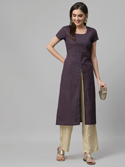 Women Navy Printed Front Slit Cotton Kurta - Kashyap Global Lifestyles LLP