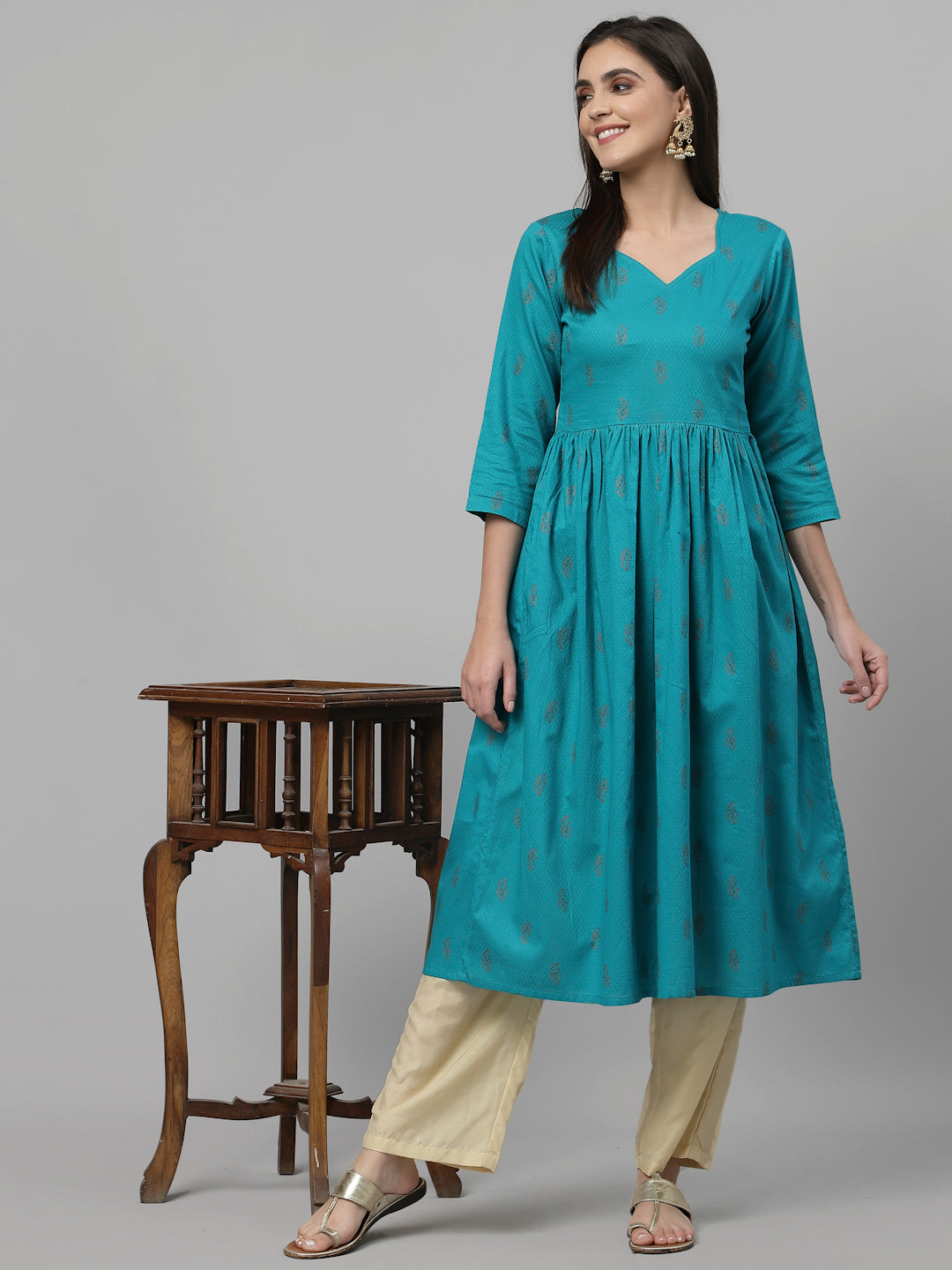Women Teal Anarkali Kurta With Sweetheart Neck - Kashyap Global Lifestyles LLP