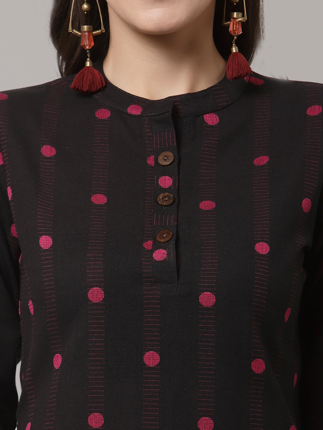 Women Black Mandrian Collar Woven Design Kurta - Kashyap Global Lifestyles LLP