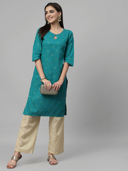 Women Teal Keyhole Neck Straight Kurta - Kashyap Global Lifestyles LLP
