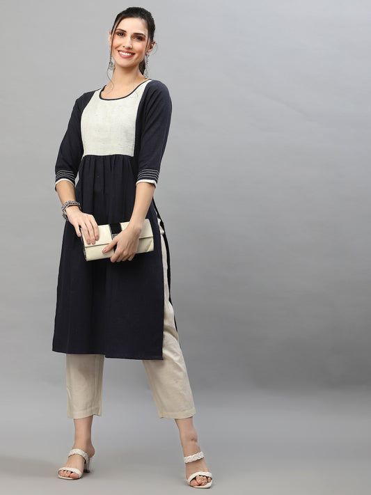 Women Navy Round Neck Flared Kurta - Kashyap Global Lifestyles LLP