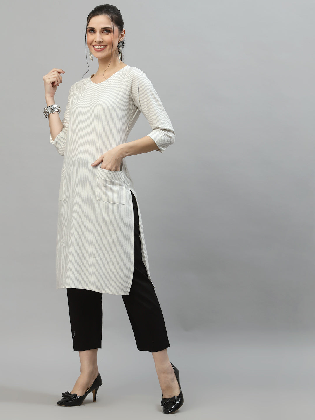 Women White Striped Kurta With Front Pockets - Kashyap Global Lifestyles LLP