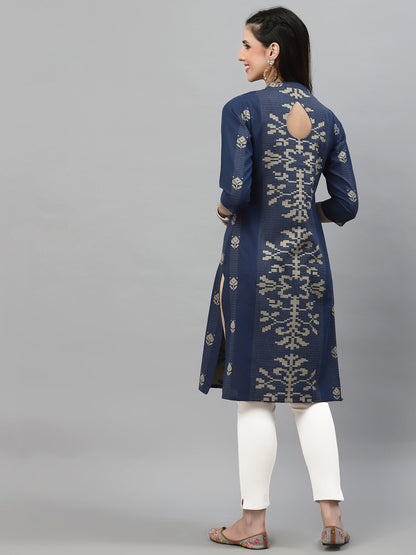 Women Blue Jacquard Woven Design Straight Kurta With Styled Back - Kashyap Global Lifestyles LLP