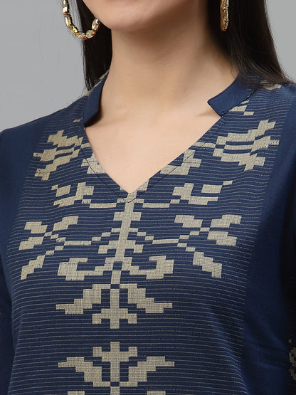 Women Blue Jacquard Woven Design Straight Kurta With Styled Back - Kashyap Global Lifestyles LLP