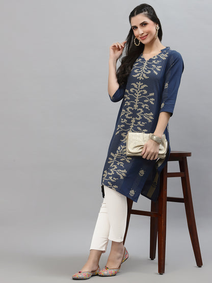 Women Blue Jacquard Woven Design Straight Kurta With Styled Back - Kashyap Global Lifestyles LLP