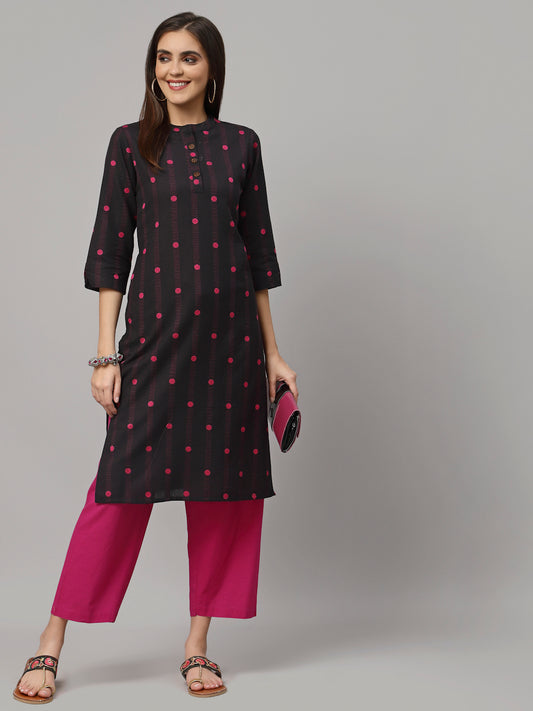 Women Black Mandrian Collar Woven Design Kurta - Kashyap Global Lifestyles LLP