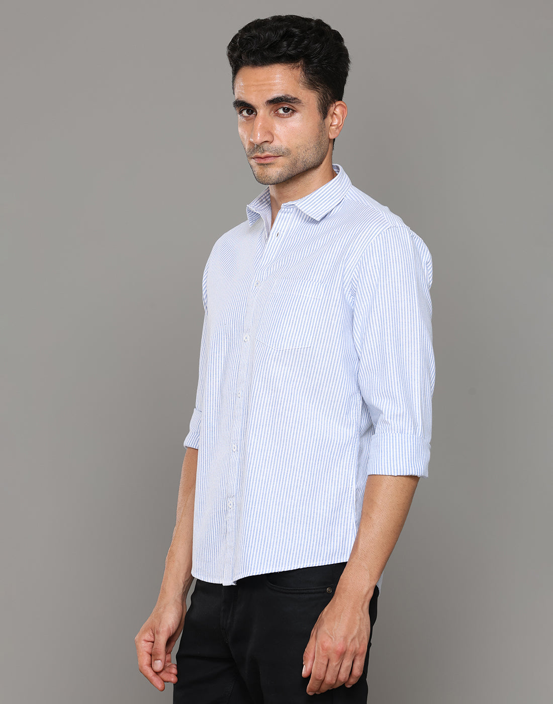 Men Striped Sky Blue Cotton Shirt - Kashyap Global Lifestyles LLP