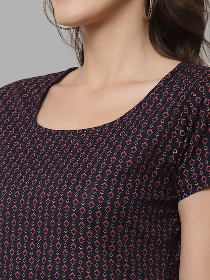 Women Navy Printed Front Slit Cotton Kurta - Kashyap Global Lifestyles LLP