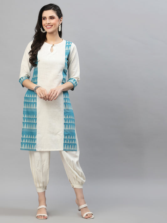 Women Off White & Blue Linen Jacquard Kurta - Kashyap Global Lifestyles LLP