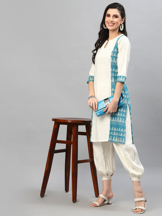 Women Off White & Blue Linen Jacquard Kurta - Kashyap Global Lifestyles LLP