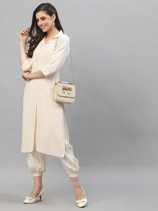 Women White & Orange Collar Neck Kurta - Kashyap Global Lifestyles LLP