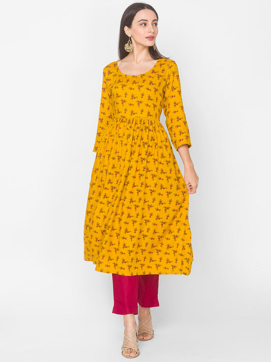 Women Mustard Floral Anarkali Kurta - Kashyap Global Lifestyles LLP