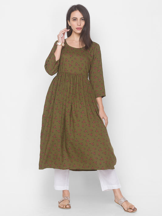 Women Olive Floral Anarkali Kurta - Kashyap Global Lifestyles LLP