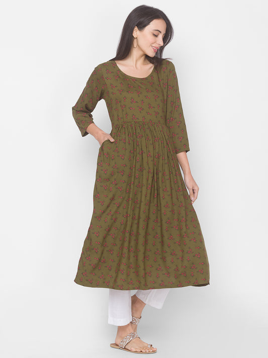 Women Olive Floral Anarkali Kurta - Kashyap Global Lifestyles LLP