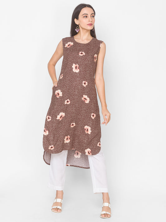 Women Brown Floral High Low Sleeveless Kurta - Kashyap Global Lifestyles LLP