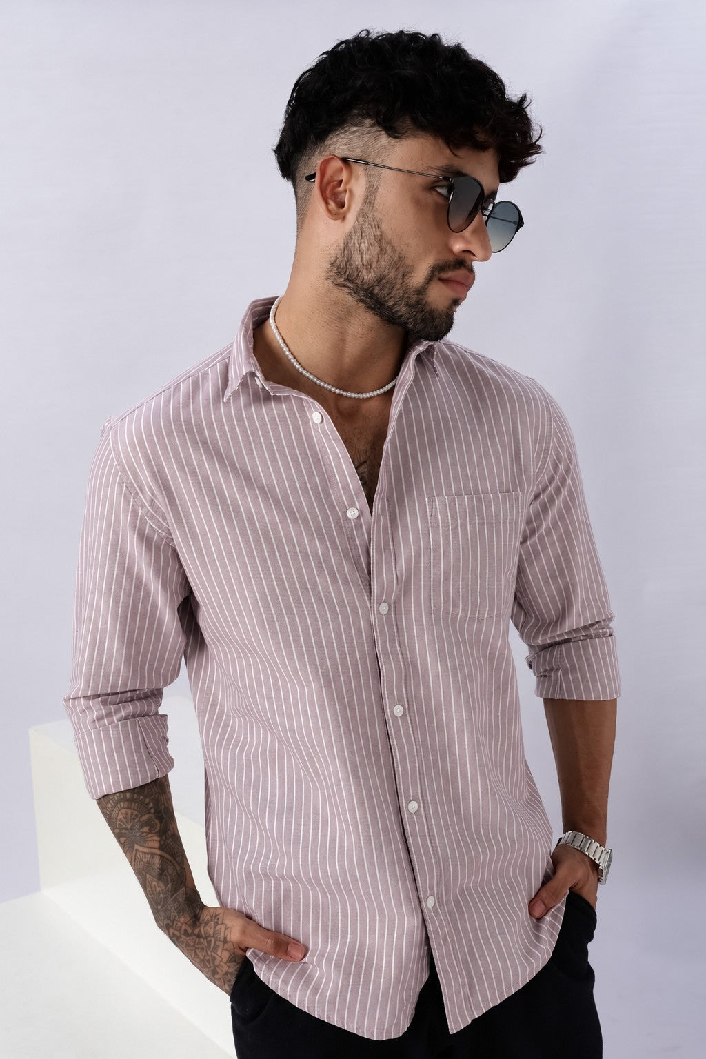 Rose Brown Oxford Stripe Casual Shirt