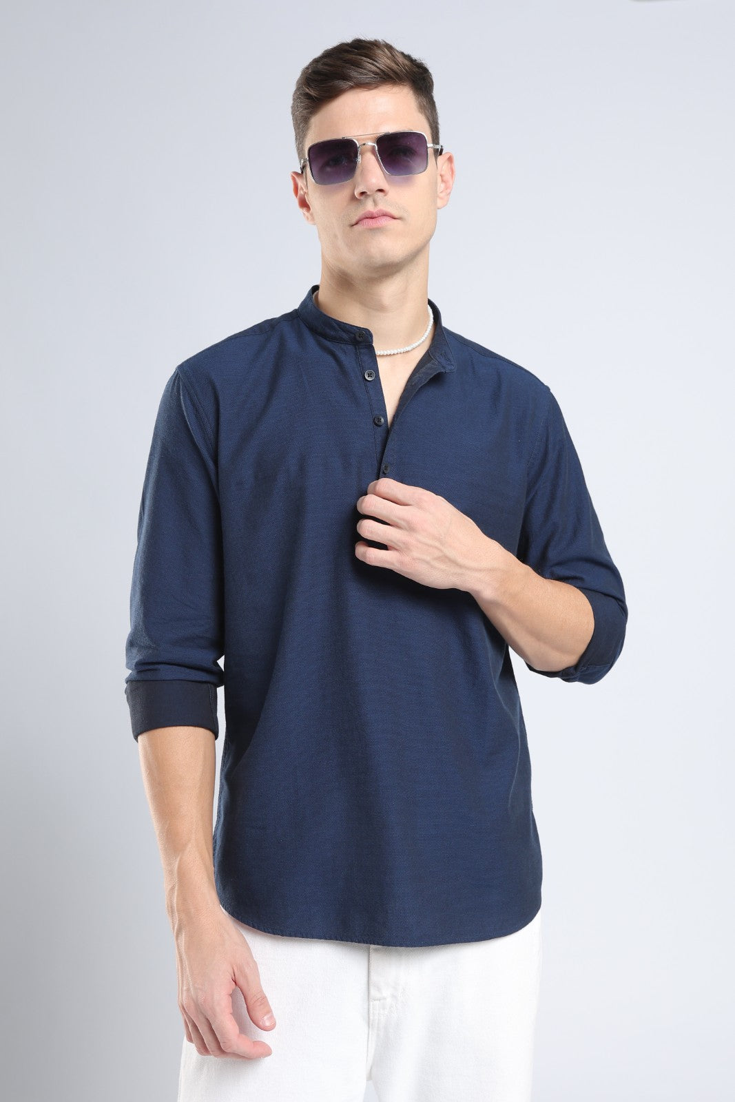 Midnight Blue Textured Short Kurta