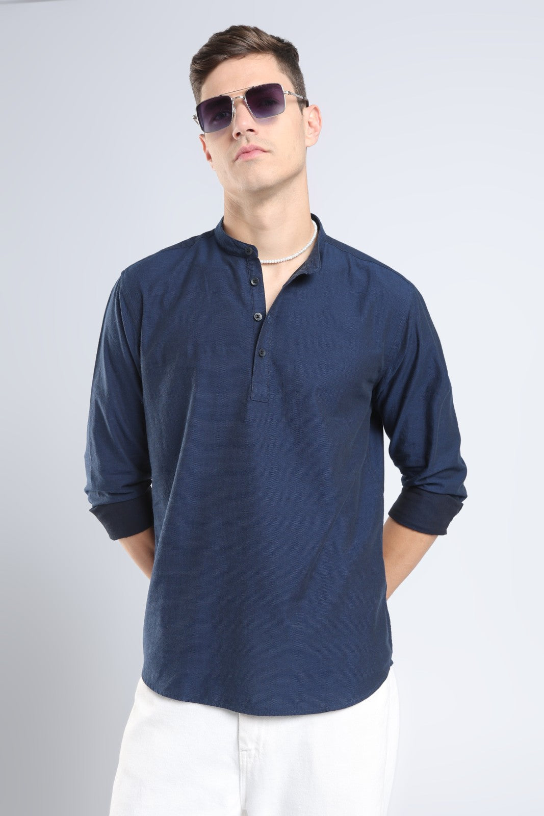 Midnight Blue Textured Short Kurta