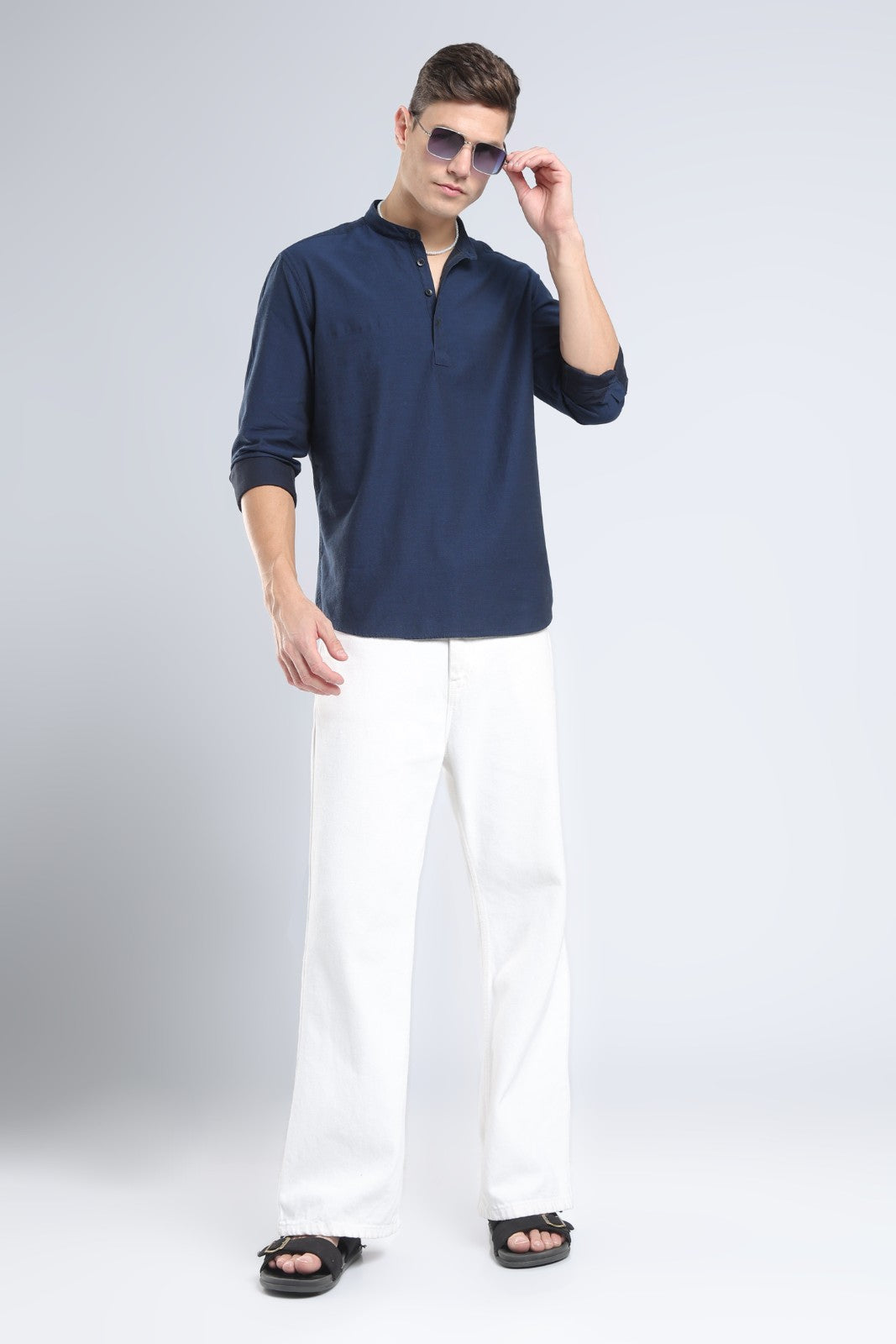 Midnight Blue Textured Short Kurta