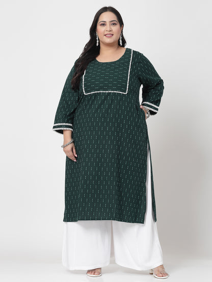 Women Dark Green Cotton Dobby Kurta