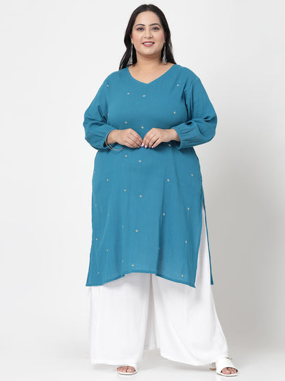 Women Plus Size Blue Kurta With Embroidered Front - Kashyap Global Lifestyles LLP