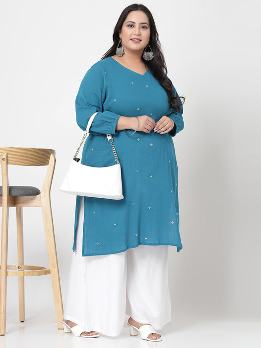 Women Plus Size Blue Kurta With Embroidered Front - Kashyap Global Lifestyles LLP