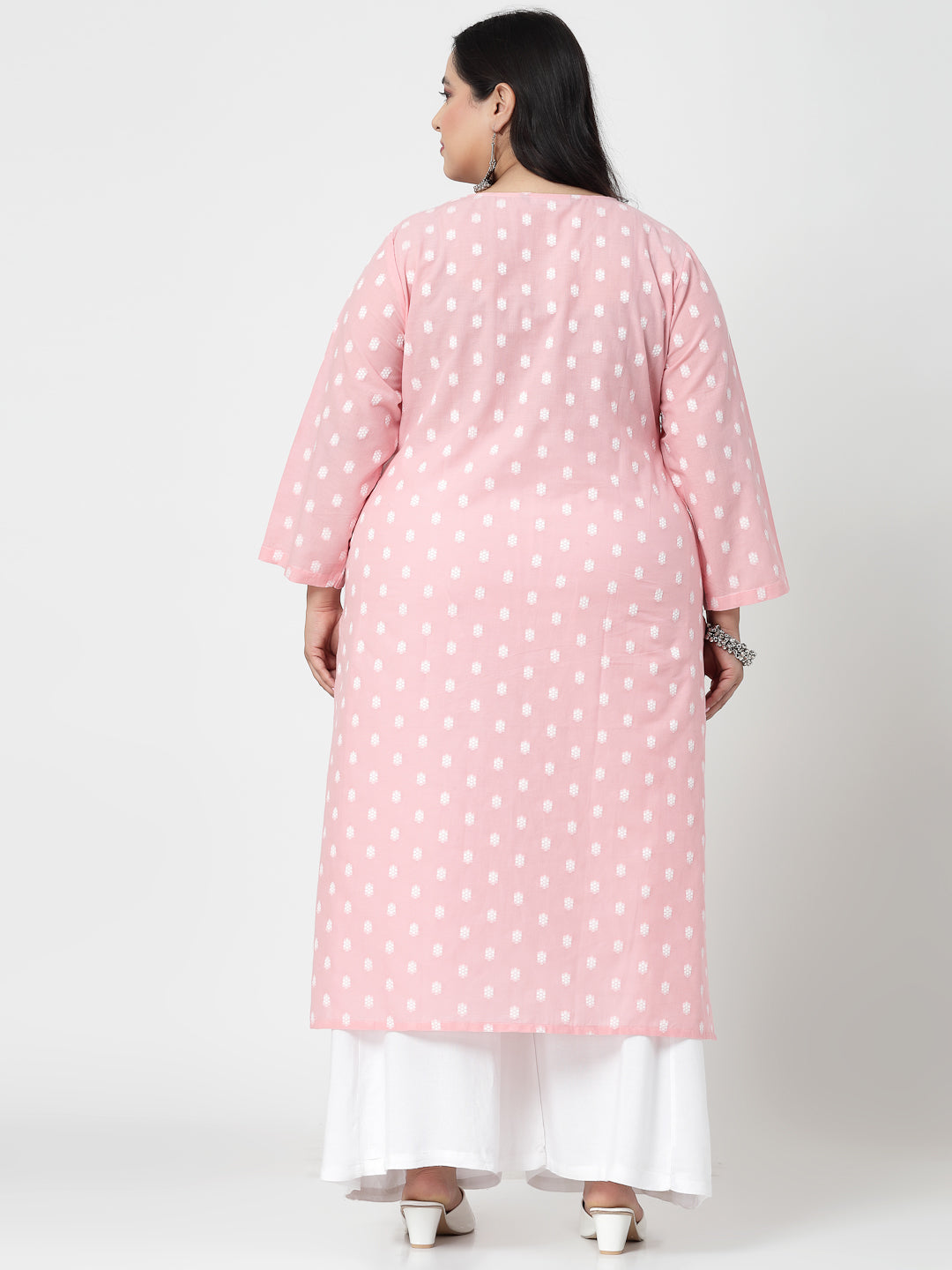 Women Baby Pink Plus Size Cotton Dobby Kurta With Lace - Kashyap Global Lifestyles LLP