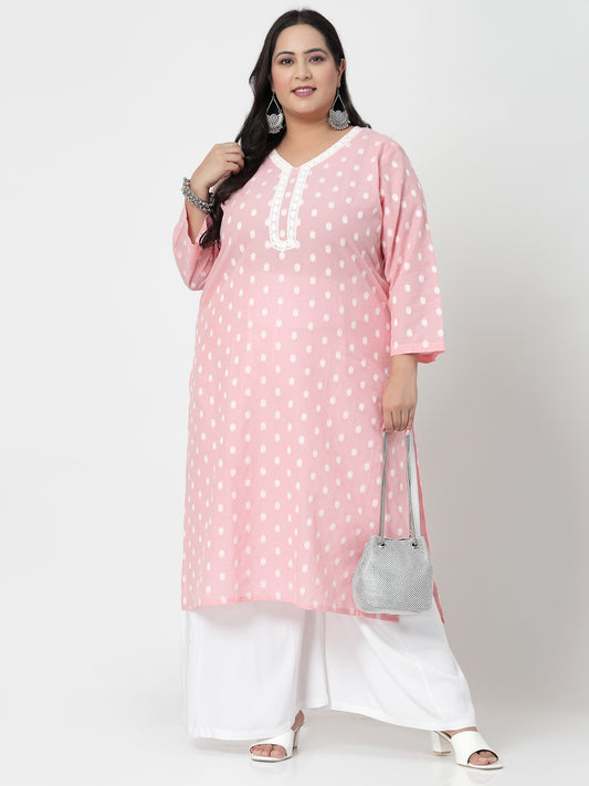 Women Baby Pink Plus Size Cotton Dobby Kurta With Lace - Kashyap Global Lifestyles LLP