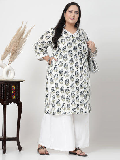 Women Plus Size White Handblock Printed V-Neck Mirror Work Kurta - Kashyap Global Lifestyles LLP