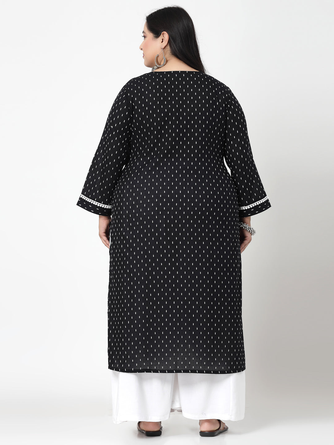Women Plus Size Black Woven Design Kurta With Lace - Kashyap Global Lifestyles LLP
