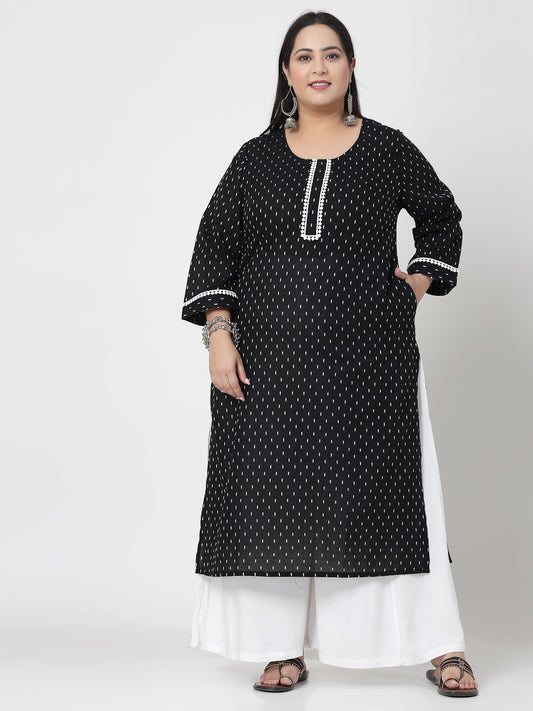 Women Plus Size Black Woven Design Kurta With Lace - Kashyap Global Lifestyles LLP