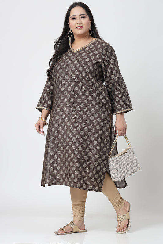 Women Plus Size Brown Ethnic Motifs Printed Sequinned Kurta - Kashyap Global Lifestyles LLP