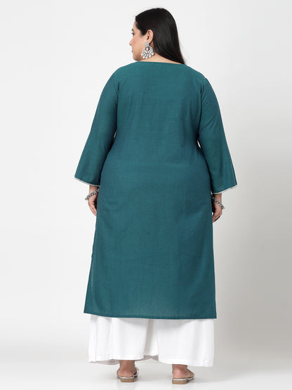 Women Plus Size Dark Green Festive Kurta With Lace - Kashyap Global Lifestyles LLP