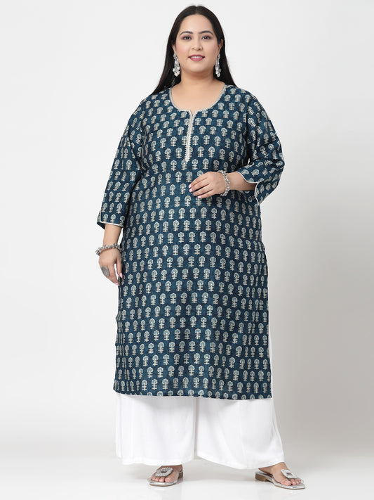 Women Plus Size Blue Printed Kurta With Lace - Kashyap Global Lifestyles LLP