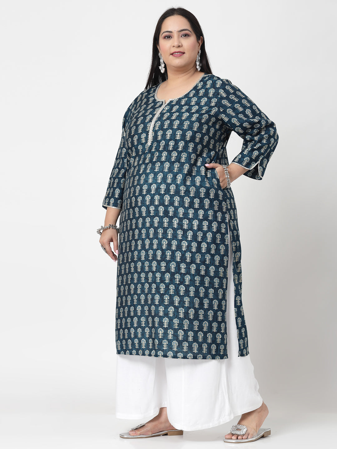 Women Plus Size Blue Printed Kurta With Lace - Kashyap Global Lifestyles LLP