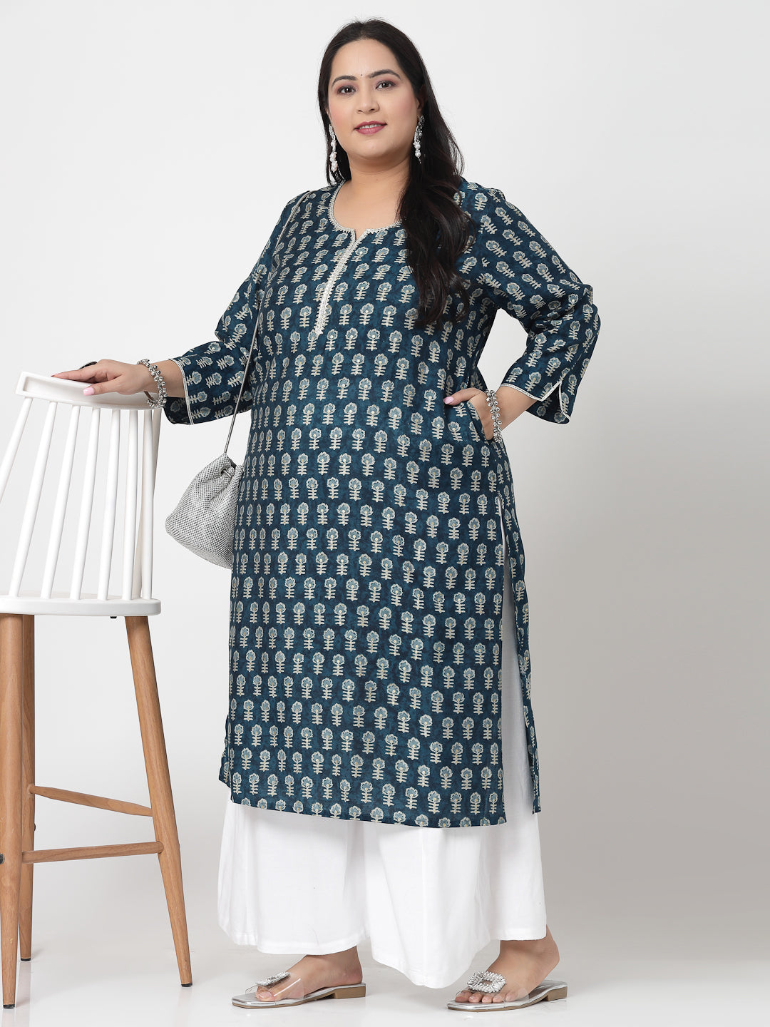 Women Plus Size Blue Printed Kurta With Lace - Kashyap Global Lifestyles LLP