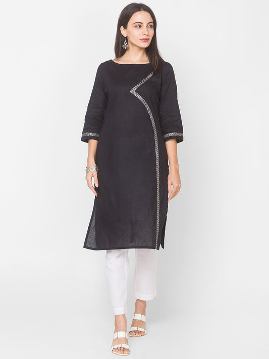 Women Black Self Dobby Cotton Kurta - Kashyap Global Lifestyles LLP