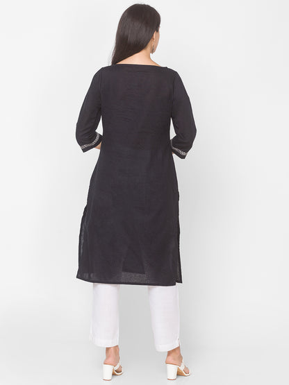 Women Black Self Dobby Cotton Kurta - Kashyap Global Lifestyles LLP