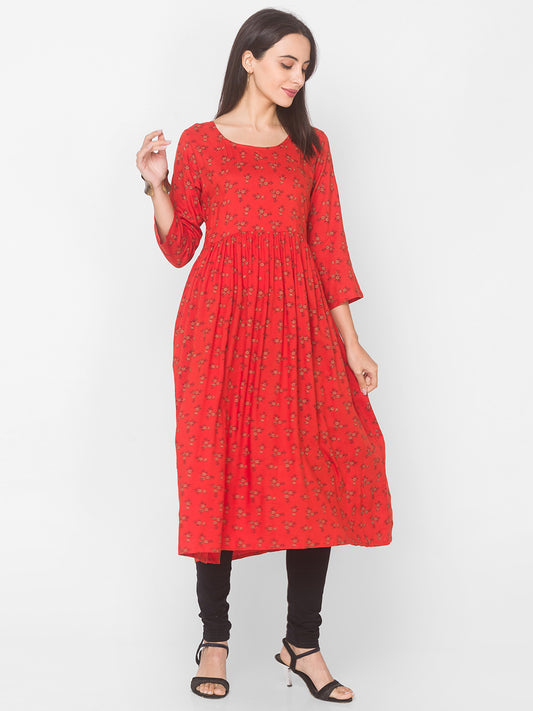 Women Orange Floral Anarkali Kurta - Kashyap Global Lifestyles LLP