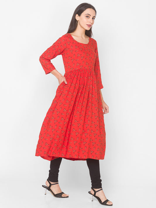 Women Orange Floral Anarkali Kurta - Kashyap Global Lifestyles LLP