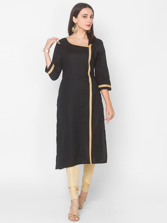 Women Black Self Dobby Calf Length Kurta With Pocket - Kashyap Global Lifestyles LLP