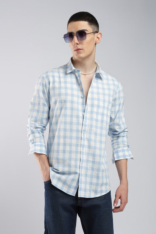 Blue Cotton Check Casual Shirt