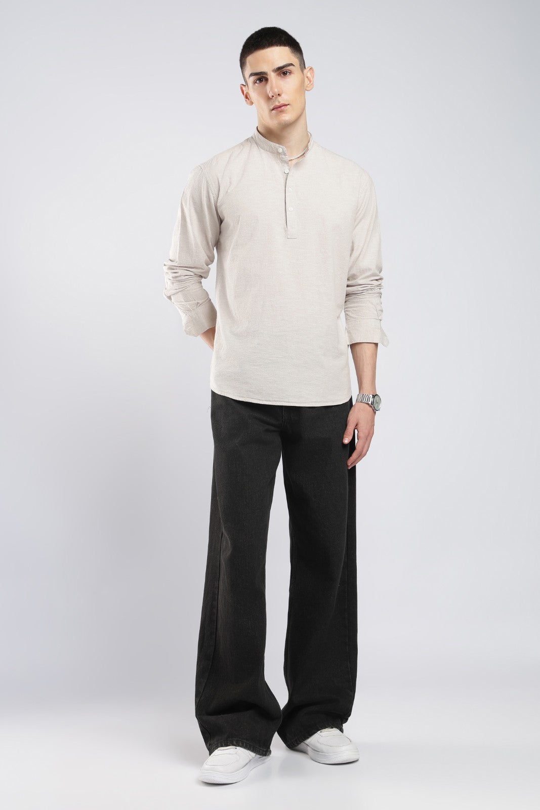 Natural Linen Blend Textured Short Kurta