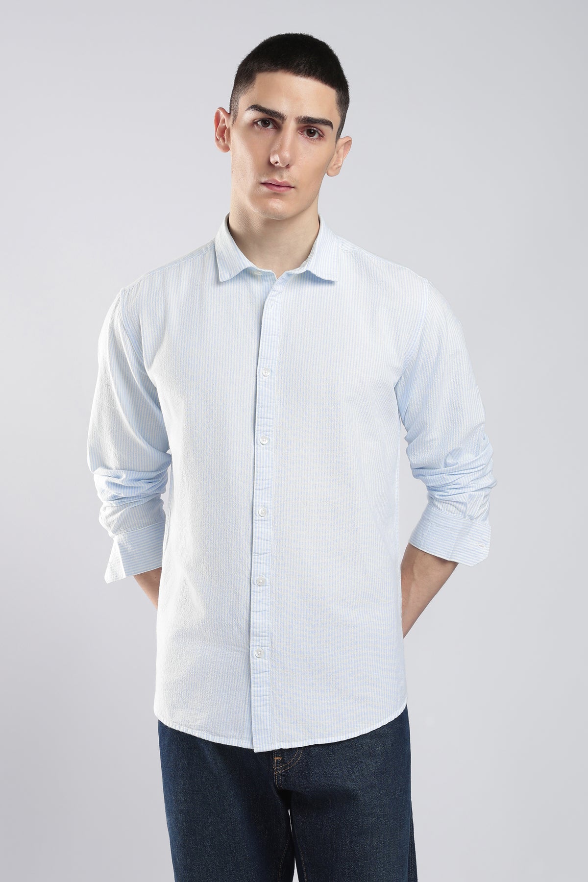 Ice Blue Pinstripe Cotton Shirt